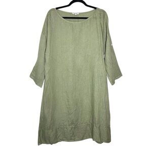 Rosemarine Italy Sage Green Linen Roll Tab Lagenlook Sleeve Dress Large